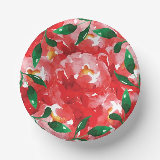 Rote Rosen Grüne Blätter Pappteller (Vorderseite)