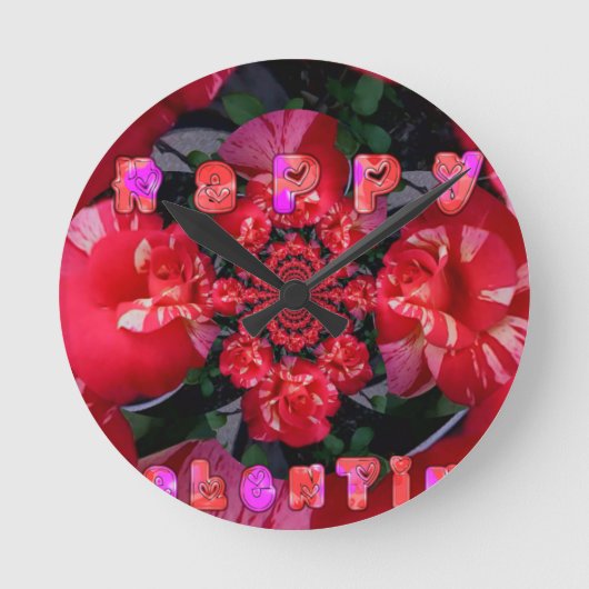 Rote Rosen "Happy Valentine" Kunstdrucken Runde Wanduhr (Vorderseite)