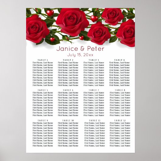 Rote Rosen, Herz Hochzeit 12 Tische Sitzkarte Poster (Vorne)
