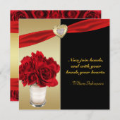 Rote Rosen & Herz, Hochzeit mit Gold und Schwarz Einladung (Vorne/Hinten)