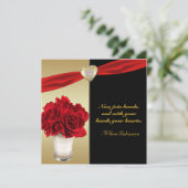 Rote Rosen & Herz, Hochzeit mit Gold und Schwarz Einladung (Stehend Vorderseite)