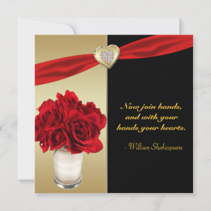 Rote Rosen & Herz, Hochzeit mit Gold und Schwarz Einladung