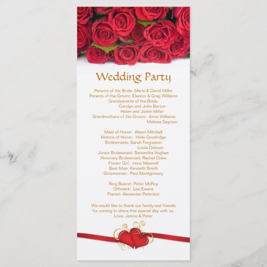 Rote Rosen & Herz Hochzeitskarte Programm (Rückseite)