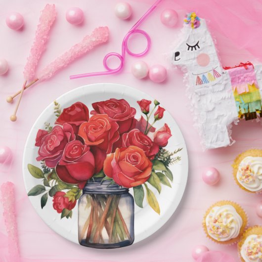 Rote Rosen Hochzeit Pappteller (Party)