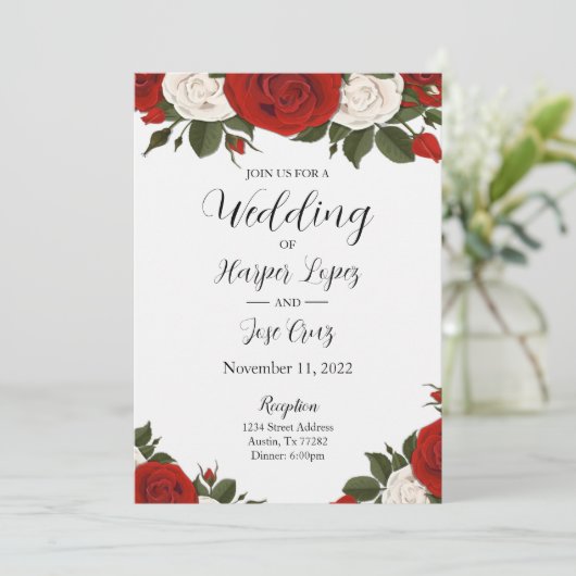 Rote Rosen Hochzeitseinladung Einladung (Stehend Vorderseite)