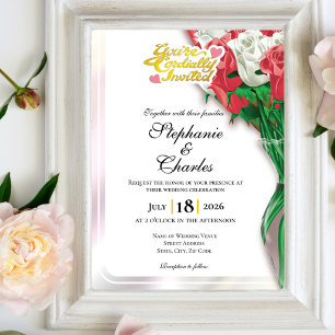 Rote Rosen Hochzeitseinladung - Goldene Buchstaben Einladung