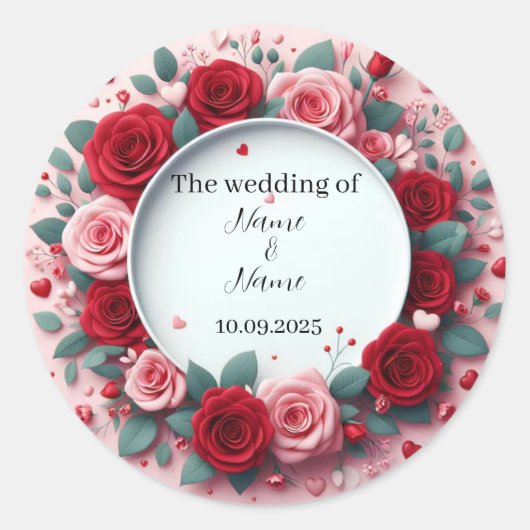 Rote Rosen Hochzeitsgeschmacksaufkleber Runder Aufkleber (Vorderseite)