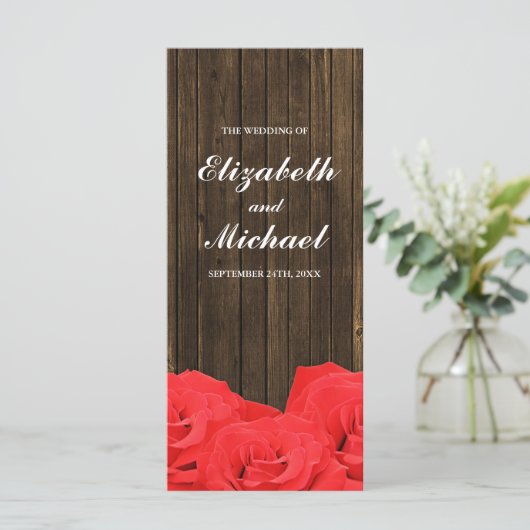 Rote Rosen-Hochzeitsprogramm für Holz Programm (Stehend Vorderseite)