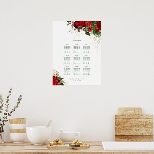Rote Rosen Hochzeitsstichtabelle Poster (Küche)