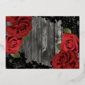 Rote Rosen Holz & Spitzen Elegantes Rustikales Hoc Folieneinladung (Rückseite)