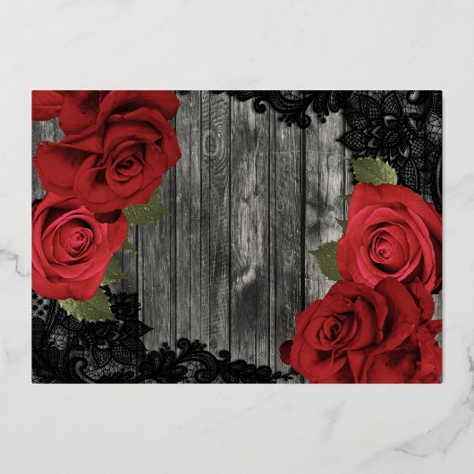 Rote Rosen Holz & Spitzen Elegantes Rustikales Hoc Folieneinladung (Rückseite)