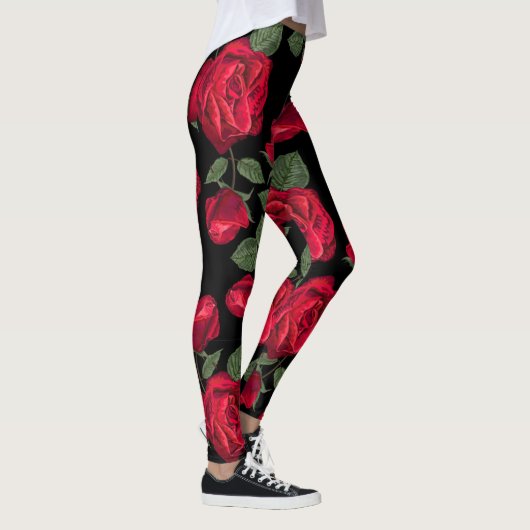 Rote Rosen im schwarzen Hintergrund Leggings (Rechts)