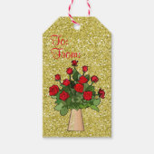 Rote Rosen im Vase Gold Imitate Glitzer Geschenkanhänger (Vorderseite)