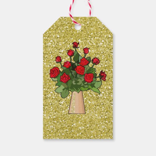Rote Rosen im Vase Gold Imitate Glitzer Geschenkanhänger (Rückseite)