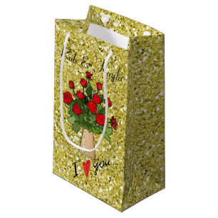 Rote Rosen im Vase Gold Imitate Glitzer Kleine Geschenktüte