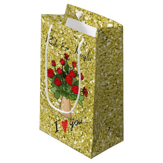 Rote Rosen im Vase Gold Imitate Glitzer Kleine Geschenktüte (Vorderseite Schrägansicht)