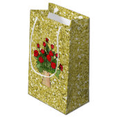 Rote Rosen im Vase Gold Imitate Glitzer Kleine Geschenktüte (Rückseite Schrägansicht)