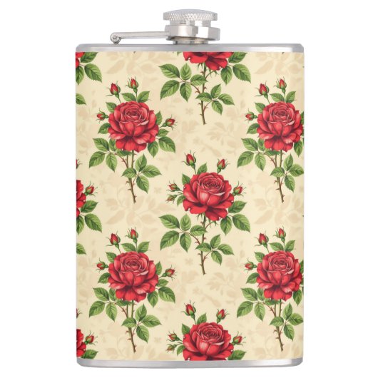Rote Rosen im Vintage-Muster Flachmann (Vorderseite)