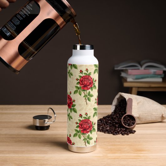 Rote Rosen im Vintage-Muster Trinkflasche (Kaffee (gedreht))