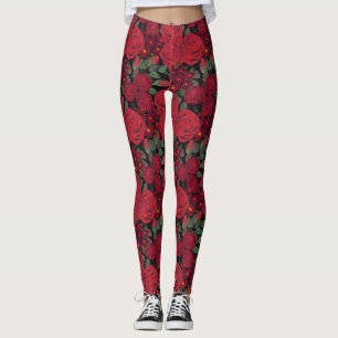 rote Rosen in Aquarellfarbe auf Schwarz, Leggings