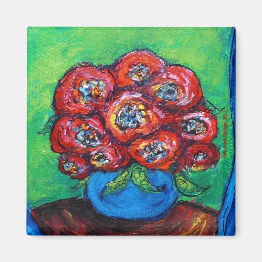 Rote Rosen in Blue Vase Magnet (Vorne)