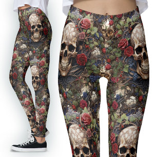 Rote Rosen Keltische Schädel Grüne Blätter Natur Leggings