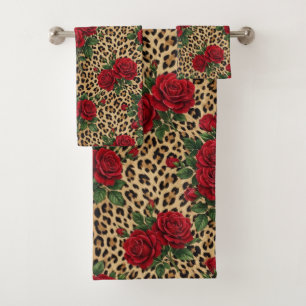 Rote Rosen Leoparden-Druck-Muster Badhandtuch Set
