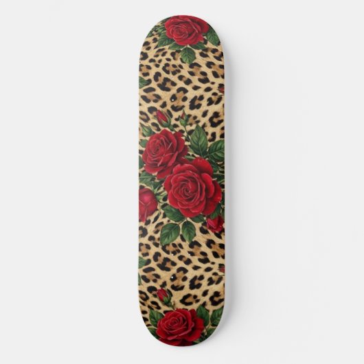 Rote Rosen Leoparden-Druck-Muster Skateboard (Vorderseite)