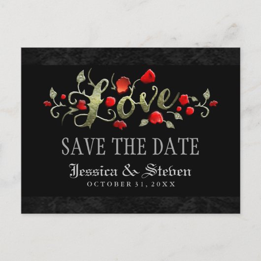 Rote Rosen LIEBE Halloween Hochzeit Save the Date Ankündigungspostkarte (Vorderseite)