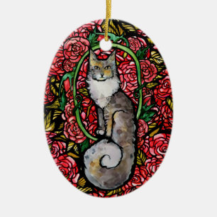 Rote Rosen Maine Coon Kitty Cat Art Rose Garten Keramik Ornament