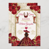 Rote Rosen Mis Quince 15 Anos Gold Crown Glitzer Einladung (Vorne/Hinten)