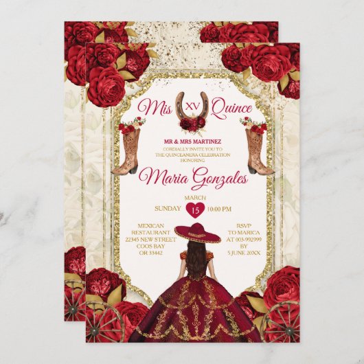 Rote Rosen Mis Quince 15 Anos Gold Crown Glitzer Einladung (Vorne/Hinten)