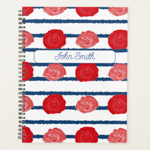 Rote Rosen mit Blue Stripes_ Blumenmuster-Skript Planer
