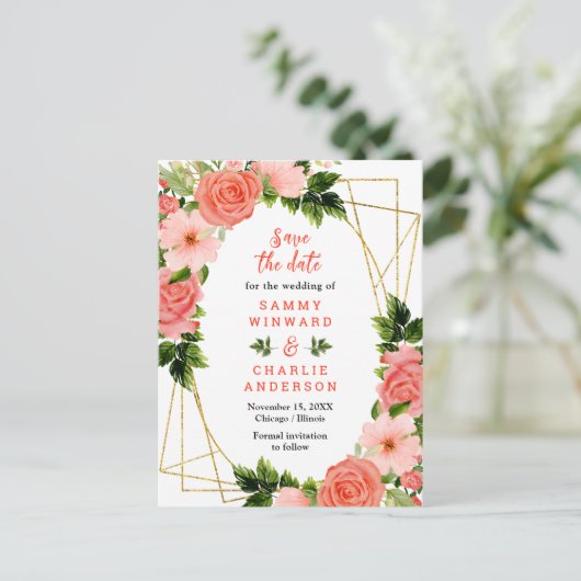 Rote Rosen mit Blumenkorallen speichern das Datum Postkarte (Stehend Vorderseite)