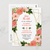 Rote Rosen mit Blumenkorallen speichern das Datum Postkarte (Vorne/Hinten)