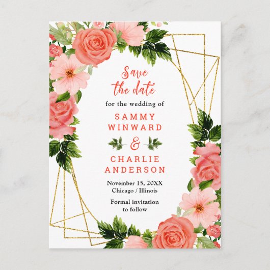 Rote Rosen mit Blumenkorallen speichern das Datum Postkarte (Vorderseite)