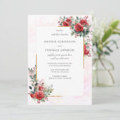 Rote Rosen mit Goldrahmen Einladung (Stehend Vorderseite)