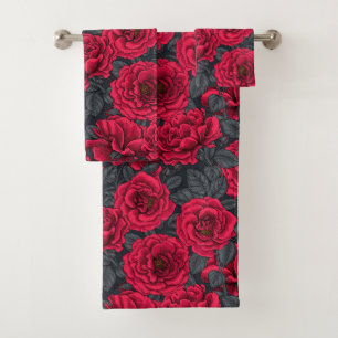 Rote Rosen mit grauen Blätter auf schwarz Badhandtuch Set