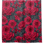 Rote Rosen mit grauen Blätter auf schwarz Duschvorhang (Vorderseite)