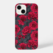 Rote Rosen mit grauen Blätter auf schwarz iPhone Hülle (Rückseite)