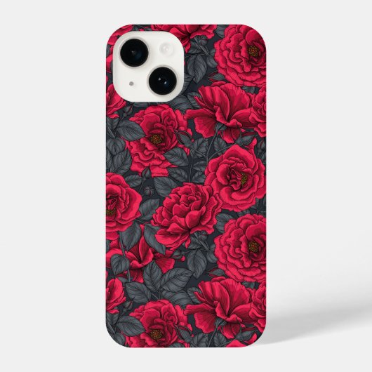 Rote Rosen mit grauen Blätter auf schwarz iPhone Hülle (Rückseite)