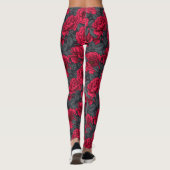rote Rosen mit grauen Blätter auf schwarz Leggings (Rückseite)