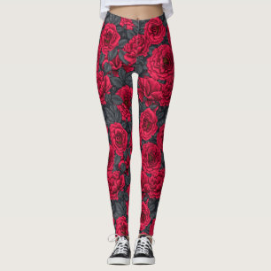 rote Rosen mit grauen Blätter auf schwarz Leggings