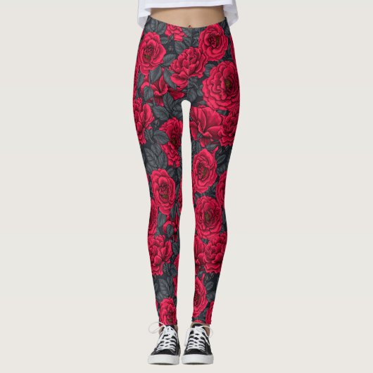 rote Rosen mit grauen Blätter auf schwarz Leggings (Vorderseite)