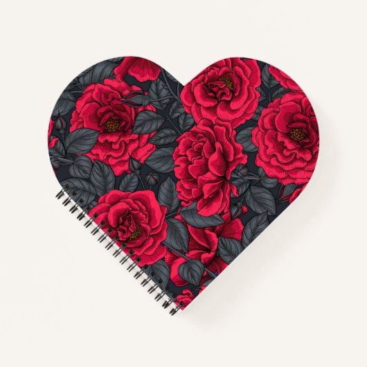 Rote Rosen mit grauen Blätter auf schwarz Notizblock (Vorderseite)
