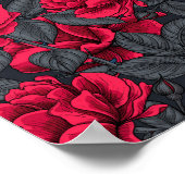 Rote Rosen mit grauen Blätter auf schwarz Poster (Ecke)