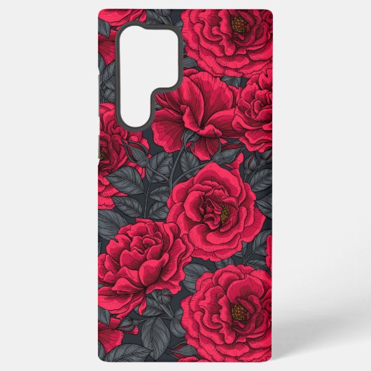 Rote Rosen mit grauen Blätter auf schwarz Samsung Galaxy Hülle (Rückseite)