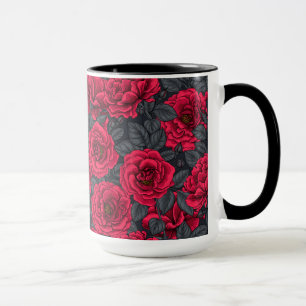 Rote Rosen mit grauen Blätter auf schwarz Tasse