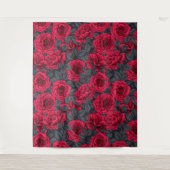 Rote Rosen mit grauen Blätter auf schwarz Wandteppich (Vorderseite)