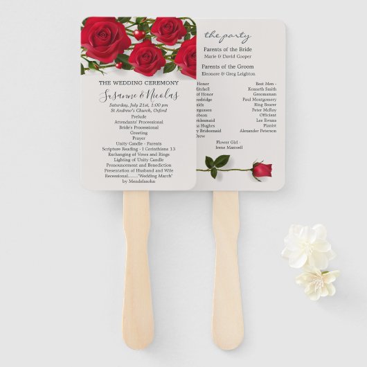 Rote Rosen mit Herz Hochzeitsprogramm Fächer (Vorne und Hinten)